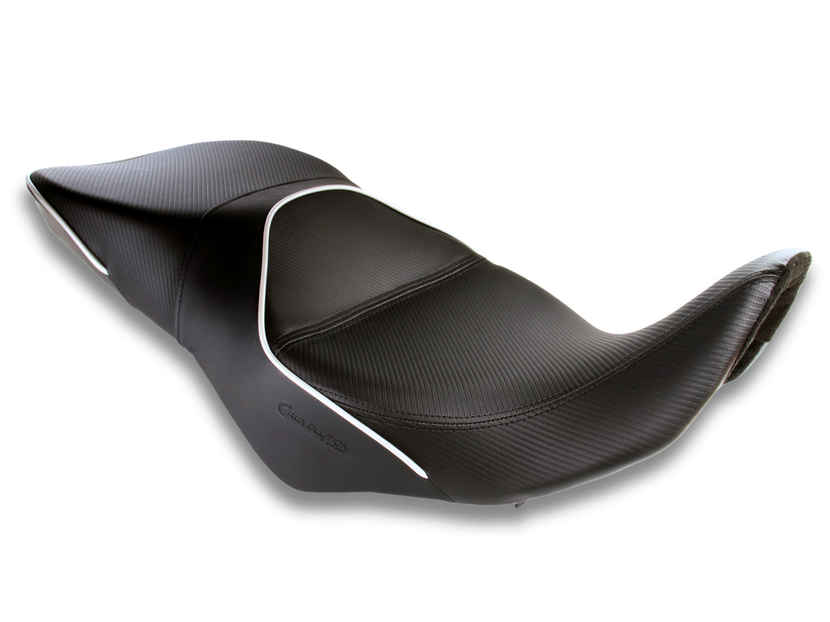 Sargent Cycle Products' REVolution OEM Motorcycle Seat Upgrade for the Suzuki V-Strom 800 2023+ shown with CFX, silver welt, regular height.